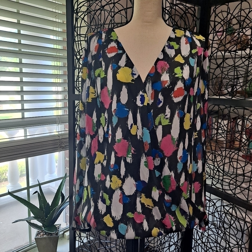 Liz Claiborne Woman Size 1X Multicolor Faux Wrap Top Sheer Long Sleeve